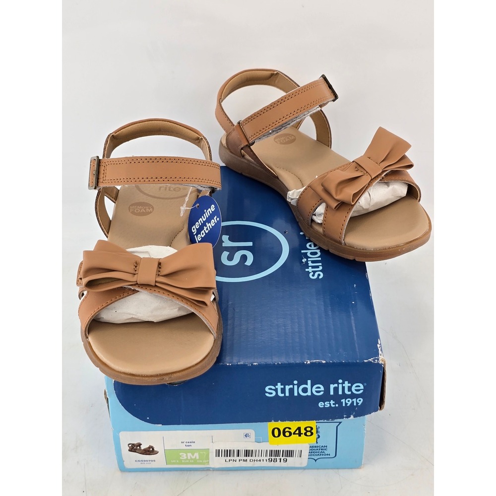 Stride Rite Cesia Sandals Big Kid 3M Tan Leather Bow CG030705 - New